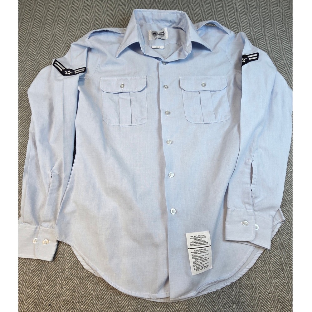 Defense Logistics Agency Mens Blue 1550 Military Dress Shirt 16x36 Rank Patches